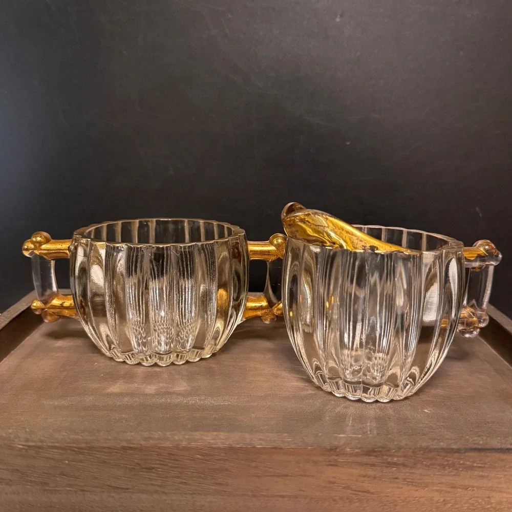 Vintage Jeannette Glass Creamer and Sugar Bowl Set Gold Trim Handles 
